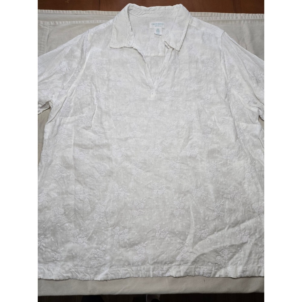 Cynthia Rowley White 100% Linen Floral Embroidered Tunic Blouse Plus Size 2X